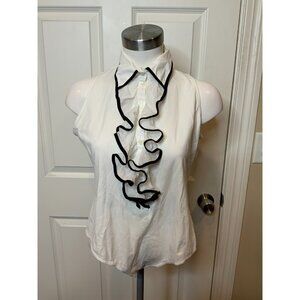 Anne Fontaine White Ruffle Sleeveless Bodysuit Black Trim, Size 12 | 44